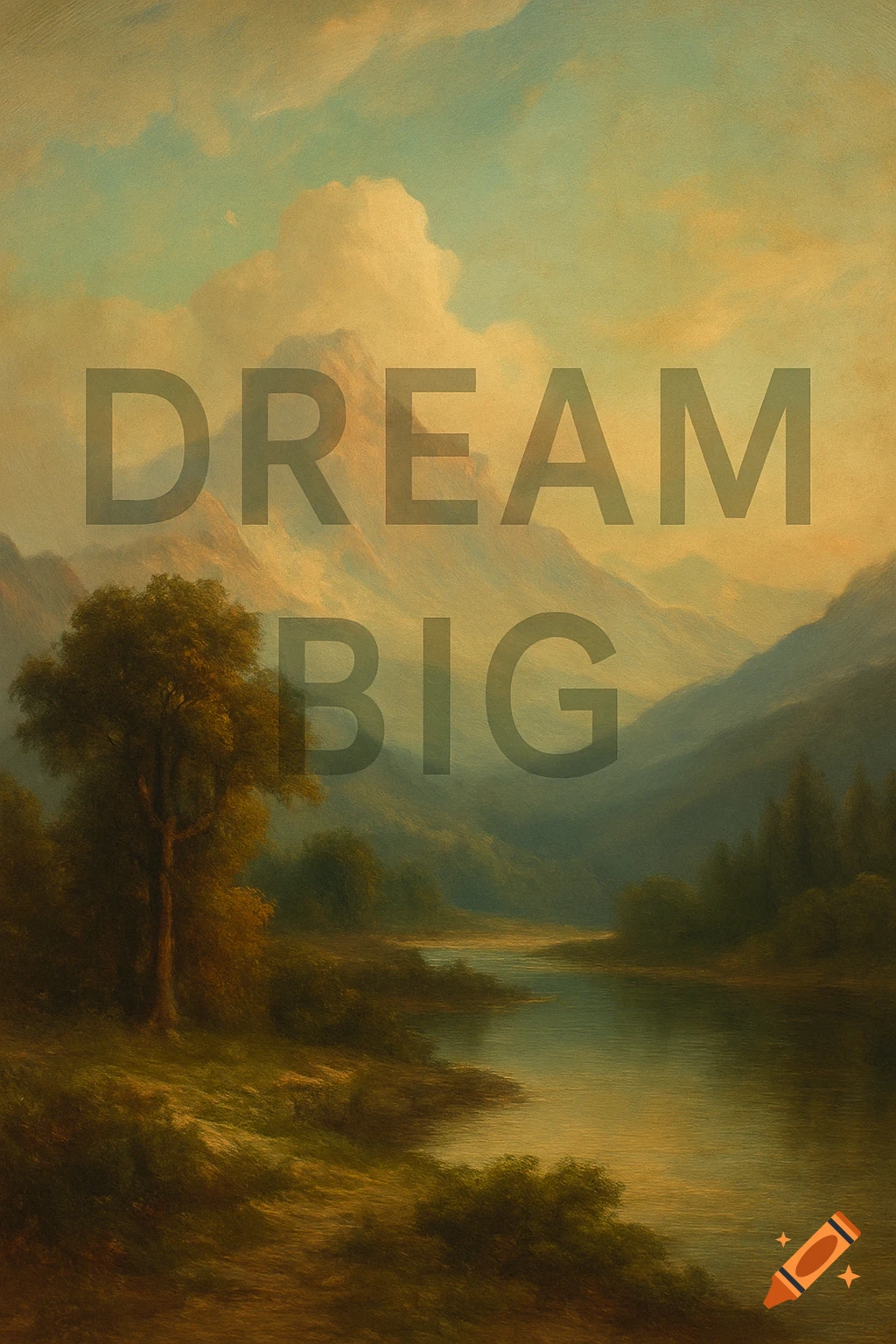 Painting of a landscape with mountains and a river, overlaid with the text DREAM BIG.