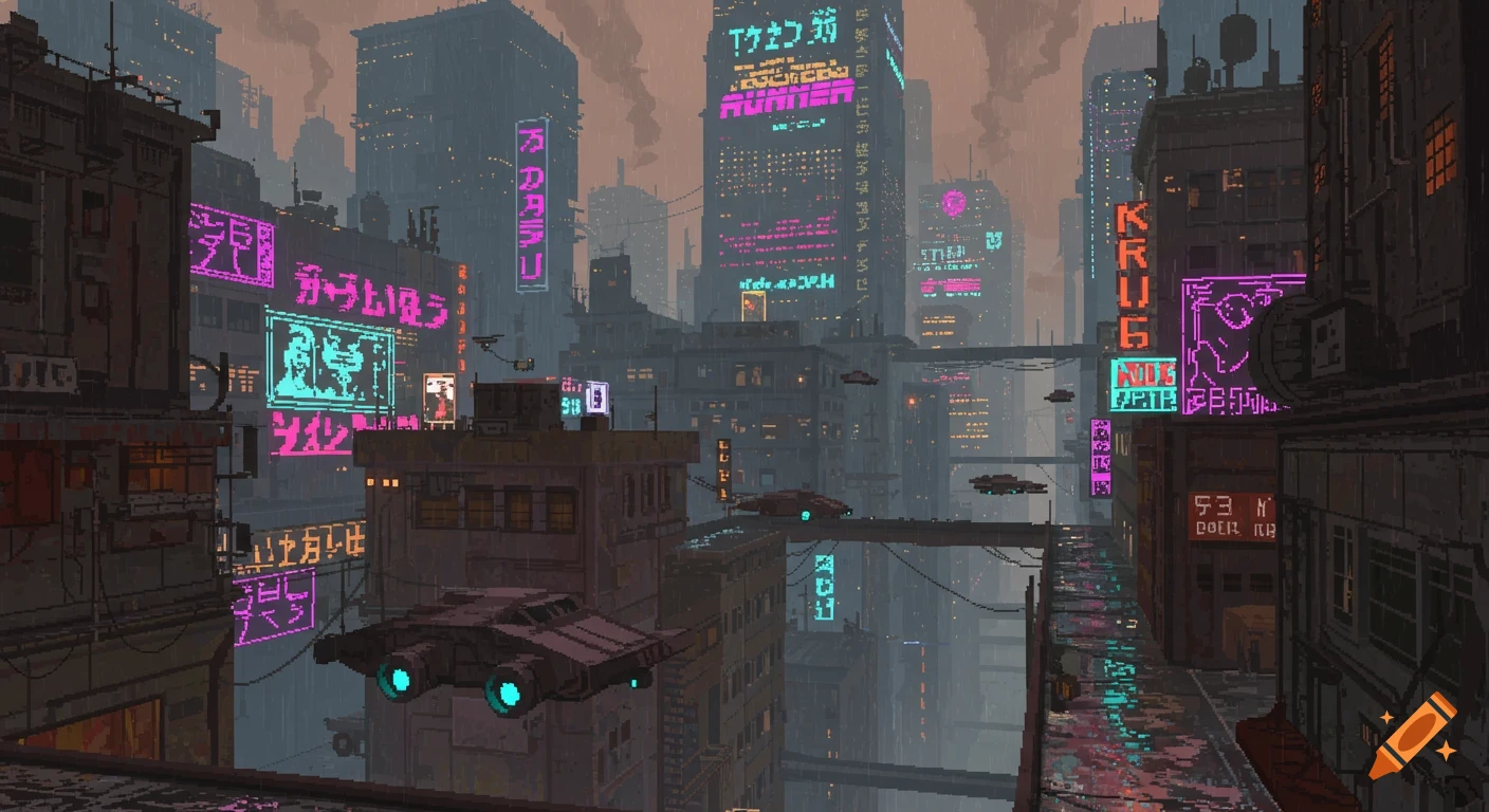 Pixel art of a rainy, dirty cyberpunk city with neon signs and flying vehicles.