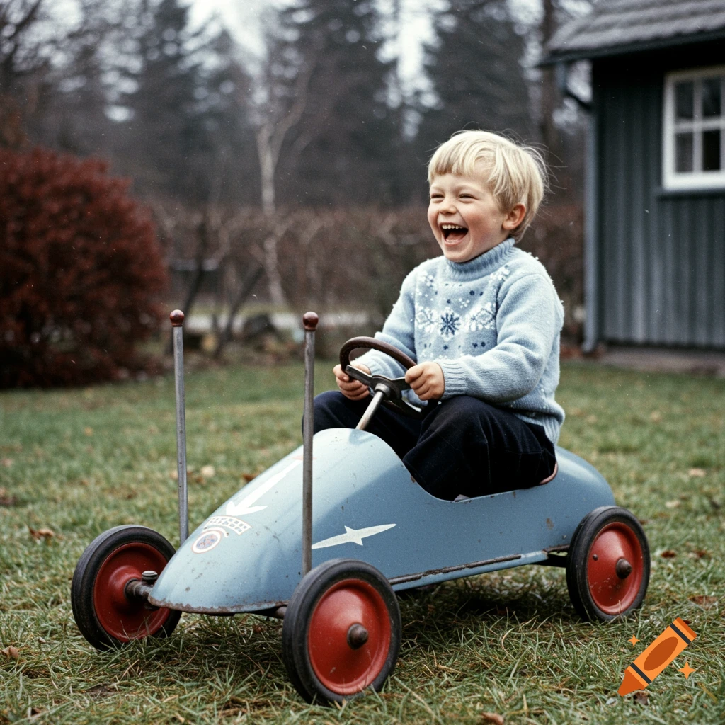 Vintage photo of a laughing boy in a blue toy car in a backyard.