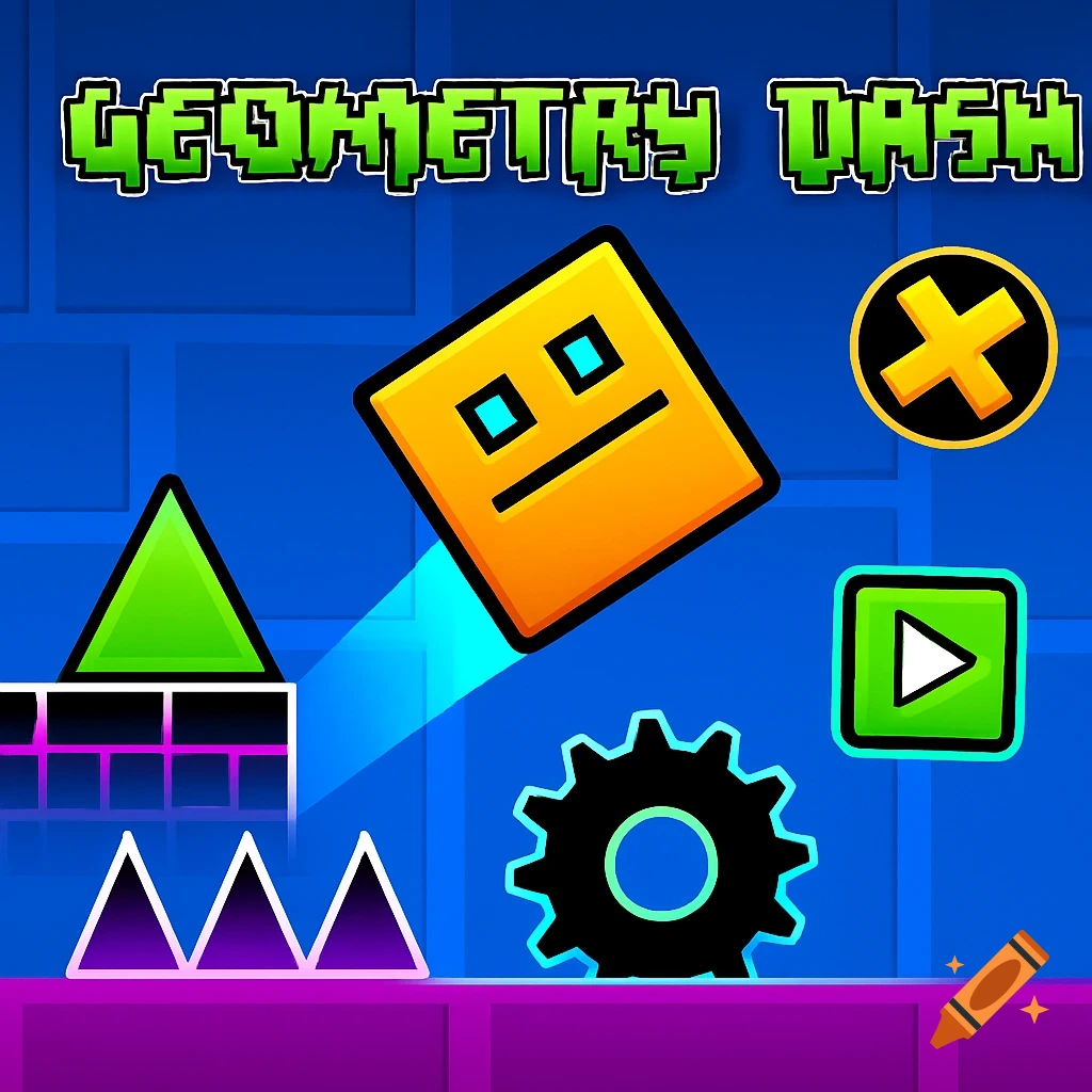 Cartoonish game art featuring a yellow square character and game obstacles with the title 'GEOMETRY DASH'.