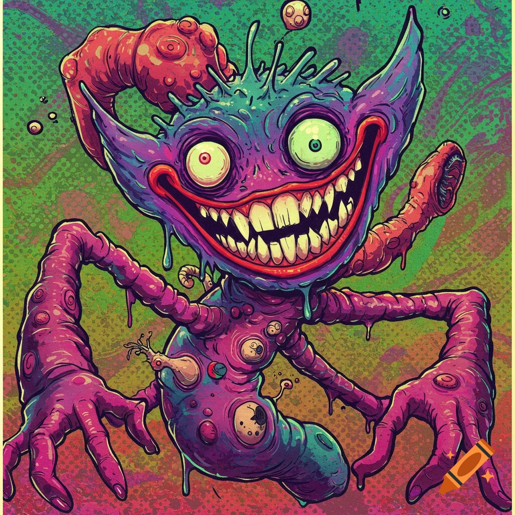 A colorful, grotesque monster with a wide, toothy grin and long arms, in an illustration style.