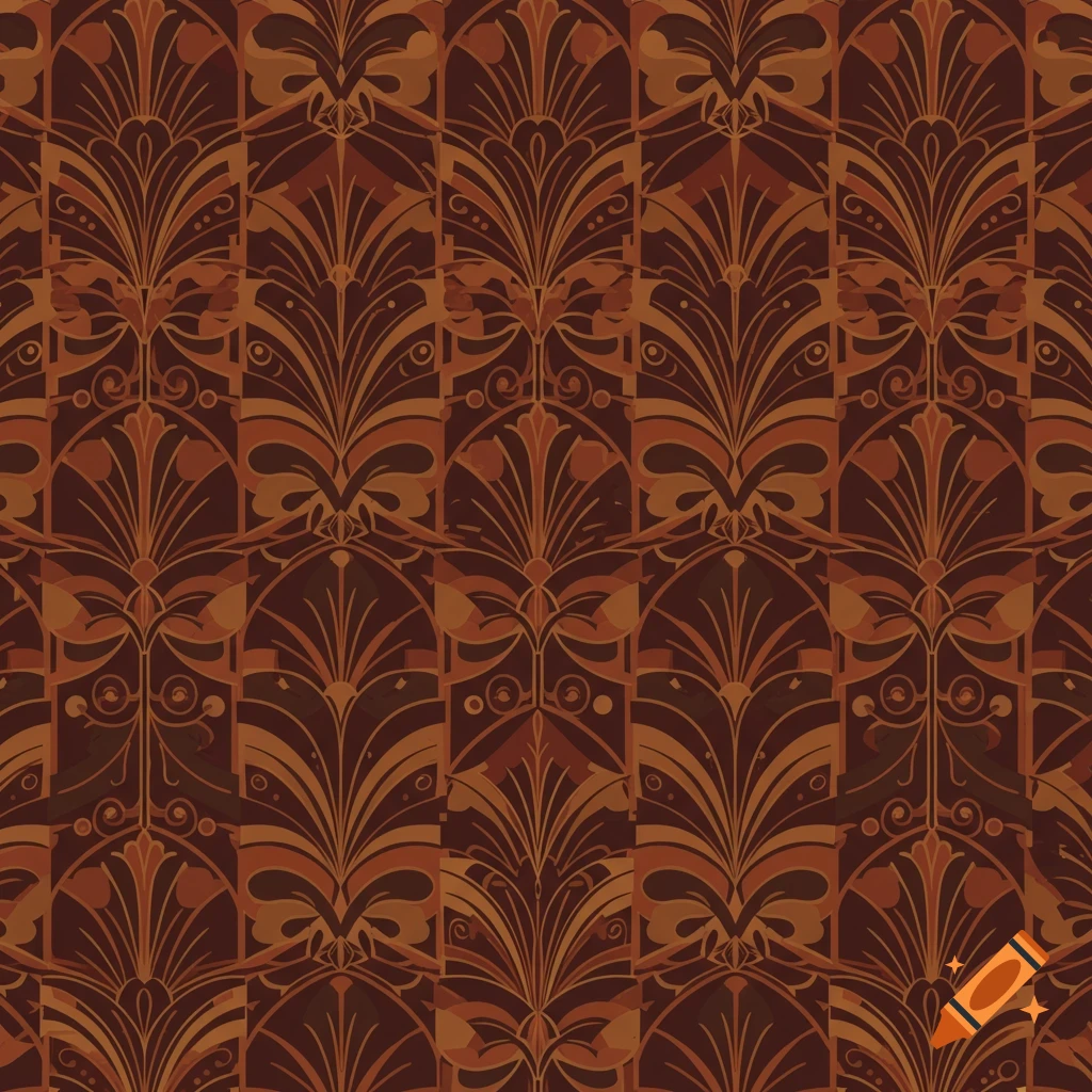 Repeating Art Deco pattern in shades of brown and orange with stylized floral motifs.