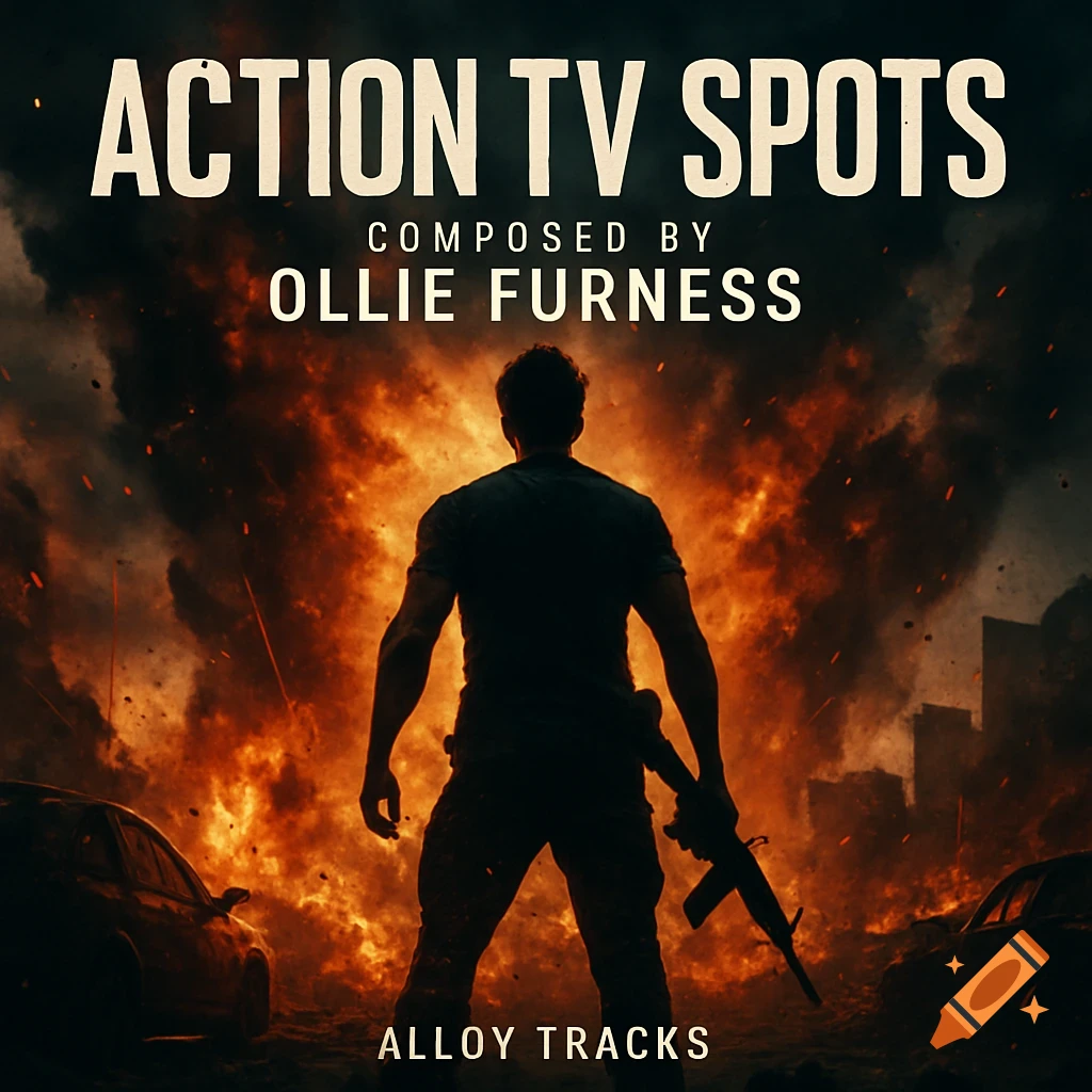 Silhouetted figure with rifle stands before large explosion and burning cars. Text reads 'ACTION TV SPOTS'.