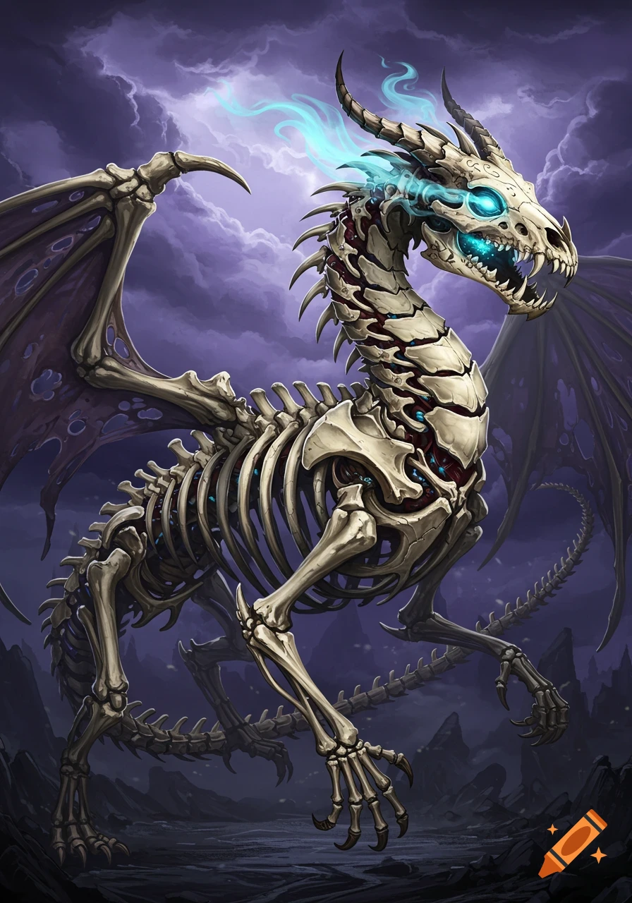 Skeletal dragon with glowing blue energy from its eyes and head, standing under a stormy purple sky.