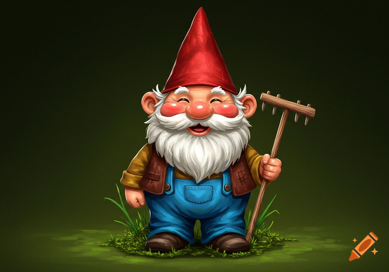 A happy garden gnome in a red hat and blue overalls holds a rake, standing on grass.