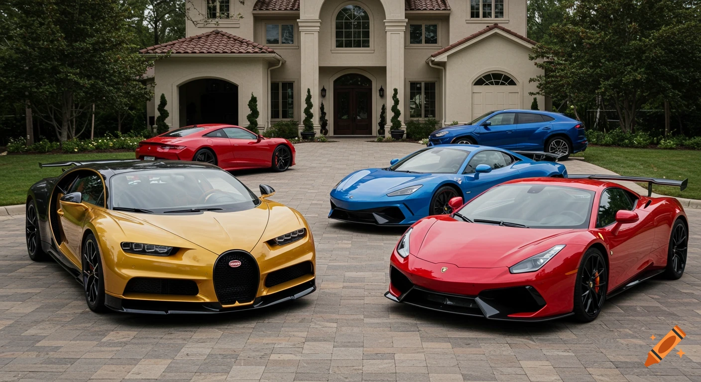Luxury cars including a gold Bugatti and red Ferrari parked in a mansion driveway.