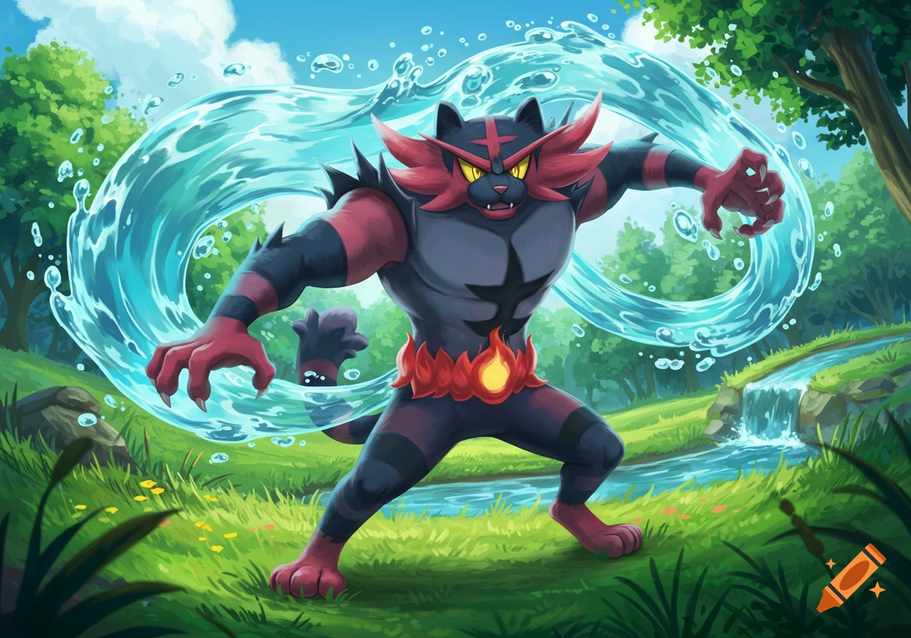 A muscular water-type cat creature resembling Incineroar in a grassy landscape with a water wave.