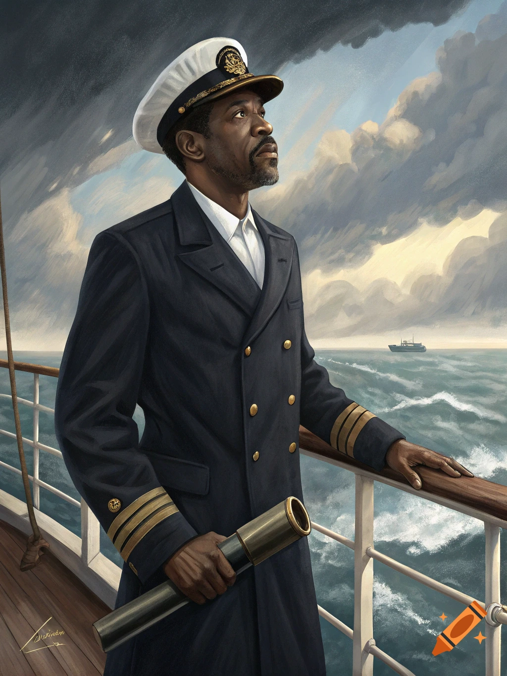 Painting of a man resembling Denzel Washington in a sea captain's uniform on a ship deck.