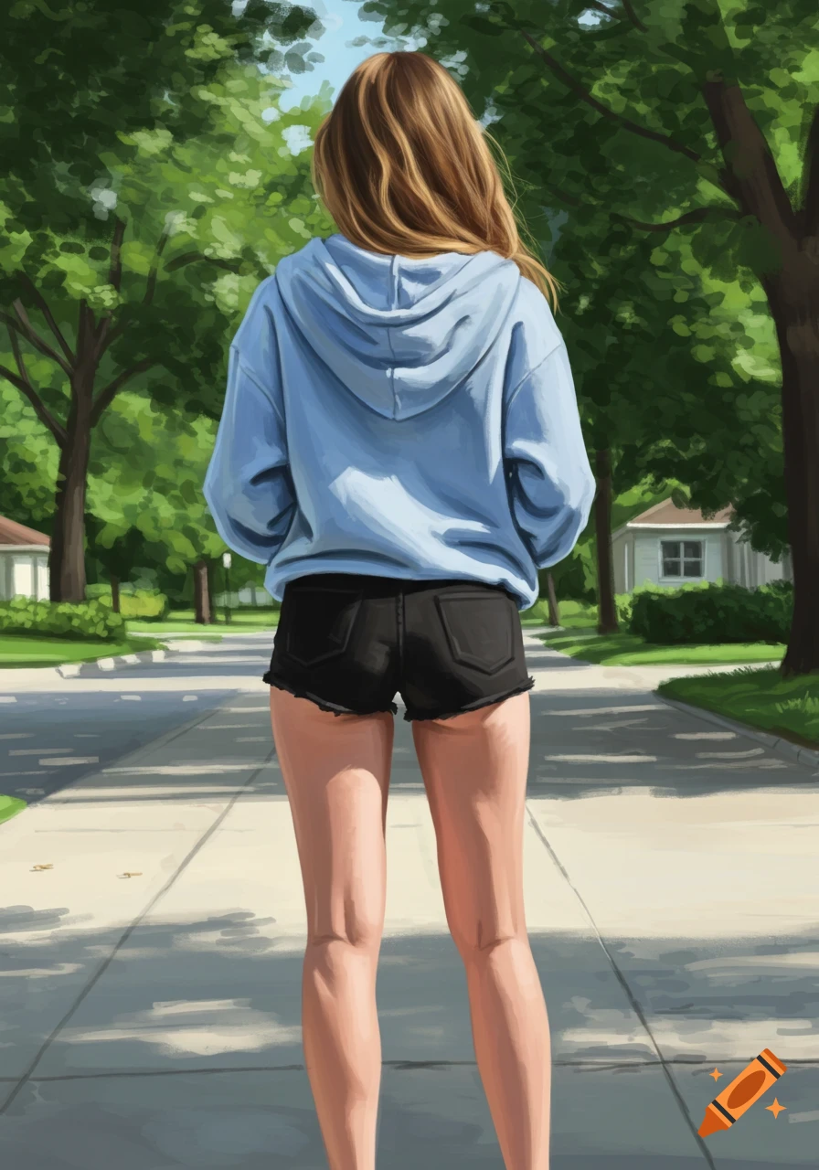 A woman seen from the back, wearing a blue hoodie and black shorts, is standing on a sidewalk.