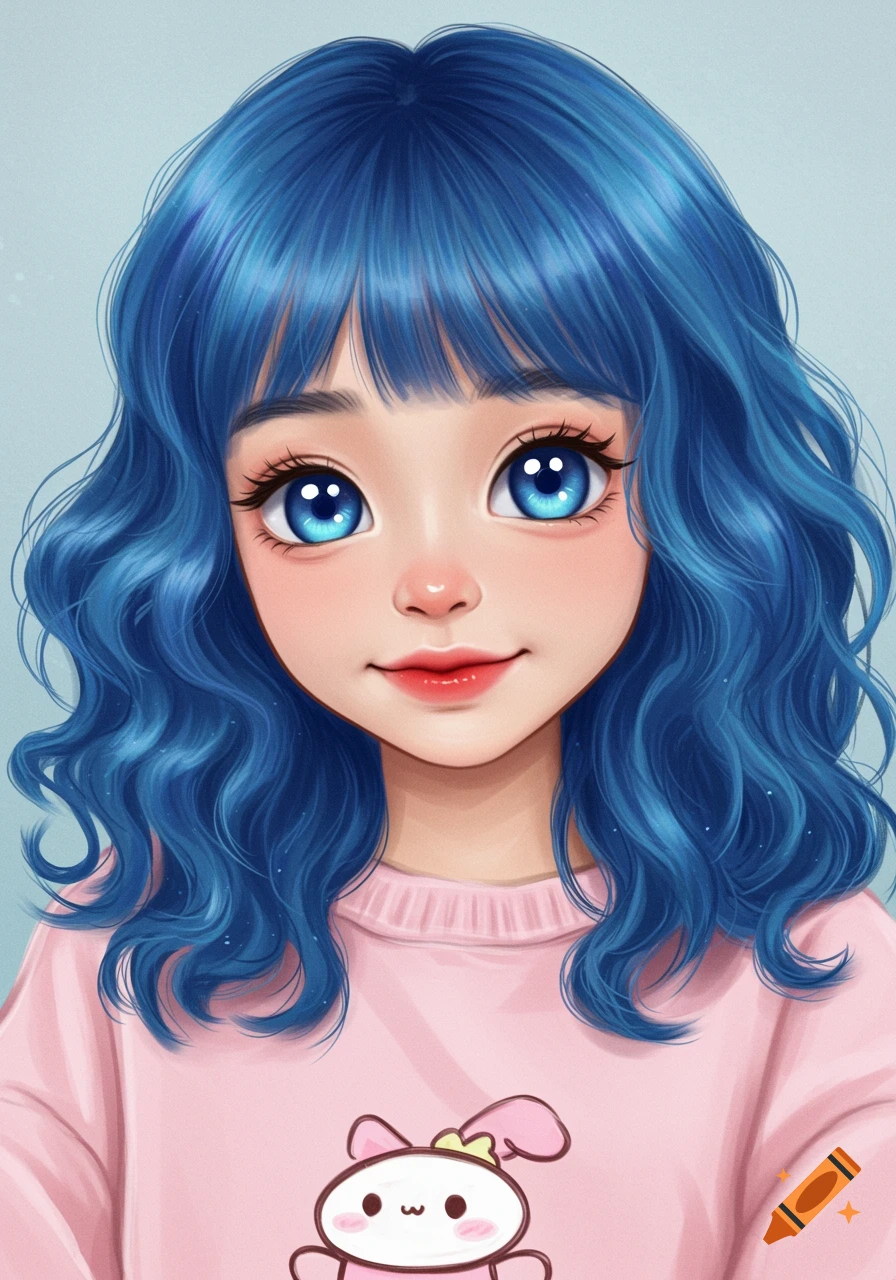 A close-up digital illustration of a cute young girl with blue hair, bright eyes, and a pink sweater.