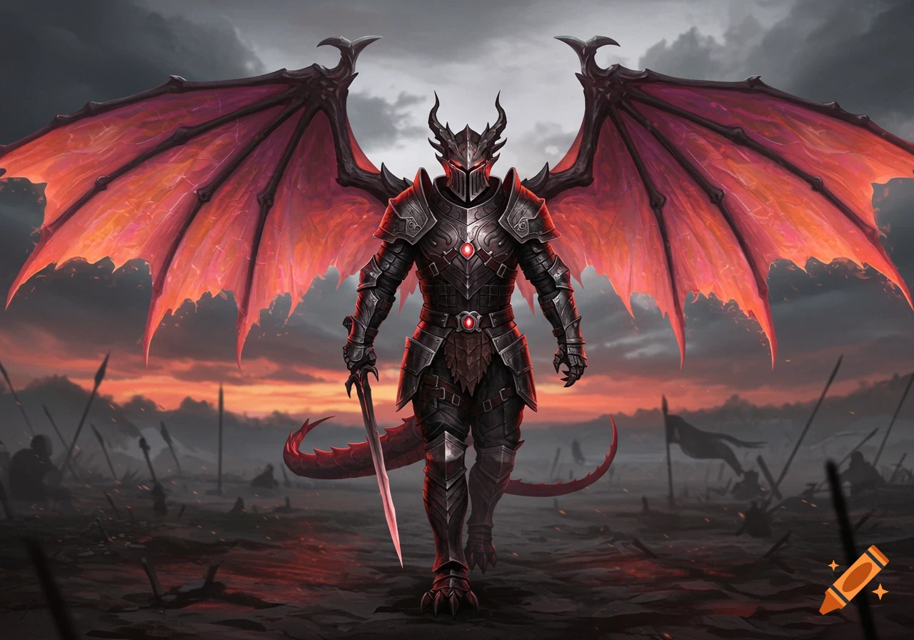 A dragon knight in dark armor with large red wings stands on a battlefield at sunset, holding a sword.