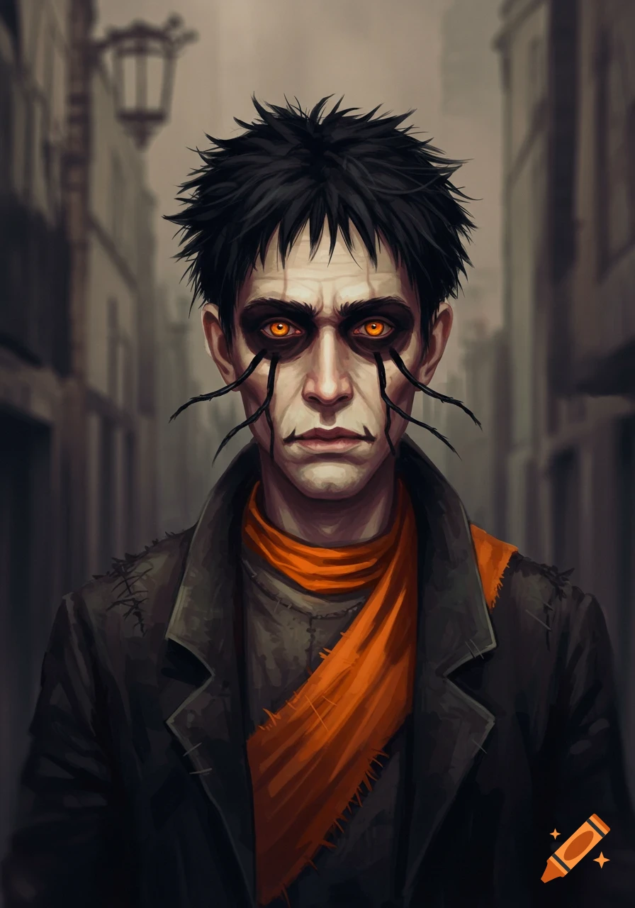 A man with pale skin, orange eyes, and black tendrils from his eyes, wearing a tatty coat and orange scarf, in an old street.