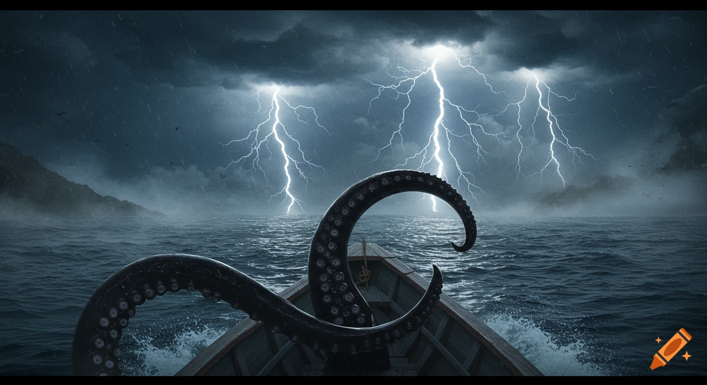 From a boat on a stormy ocean with lightning and a large tentacle reaching in.