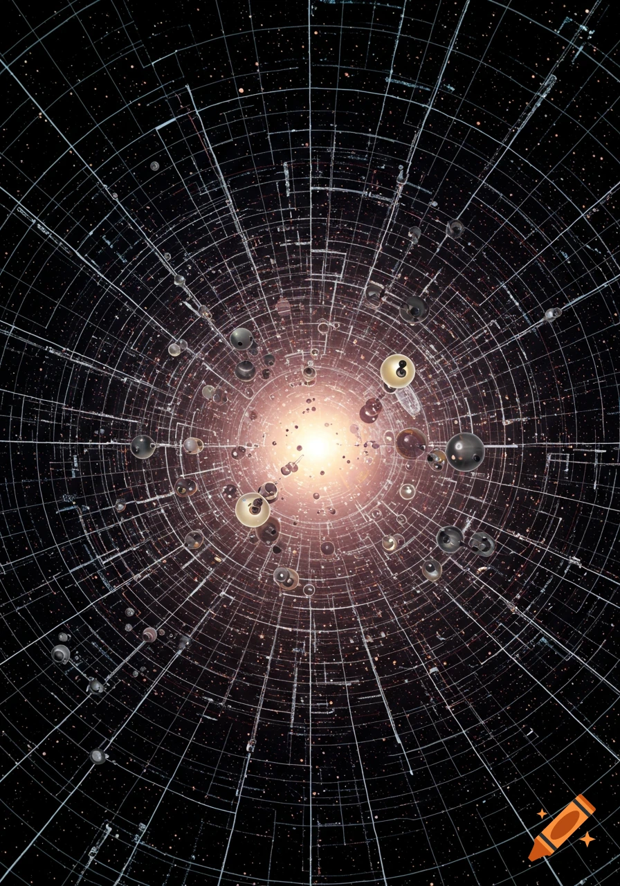 Abstract digital art depicting gravity as a network of glowing lines and spheres radiating from a light source in space.