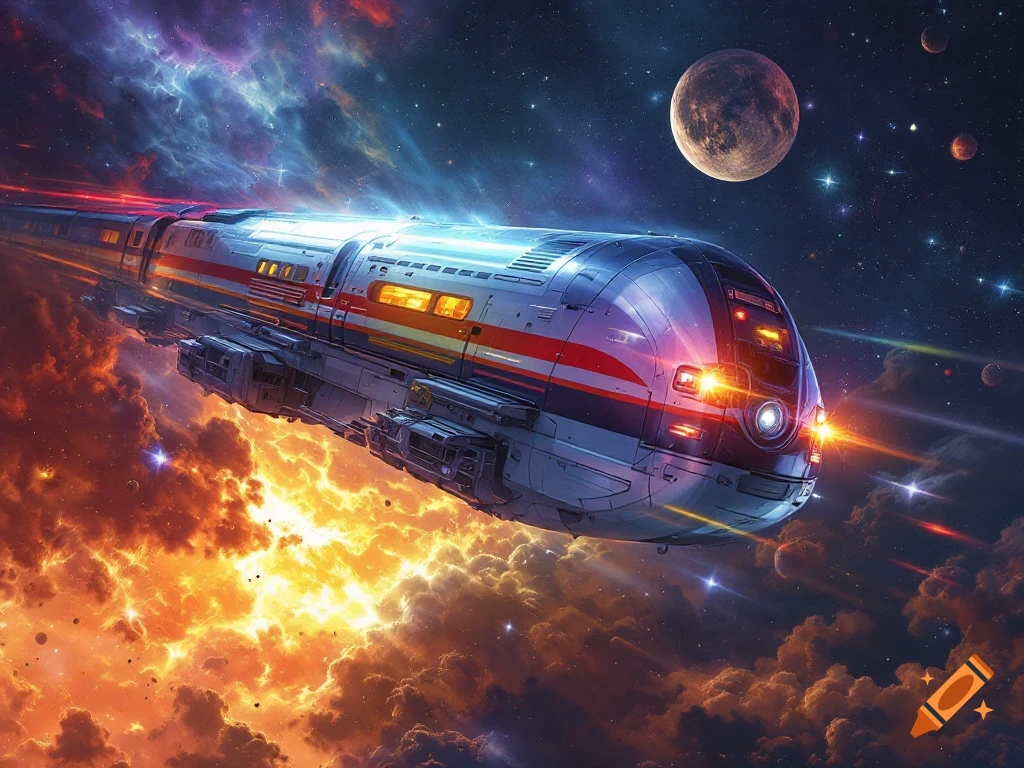 A futuristic train travels through space surrounded by colorful nebulae, stars, and planets.