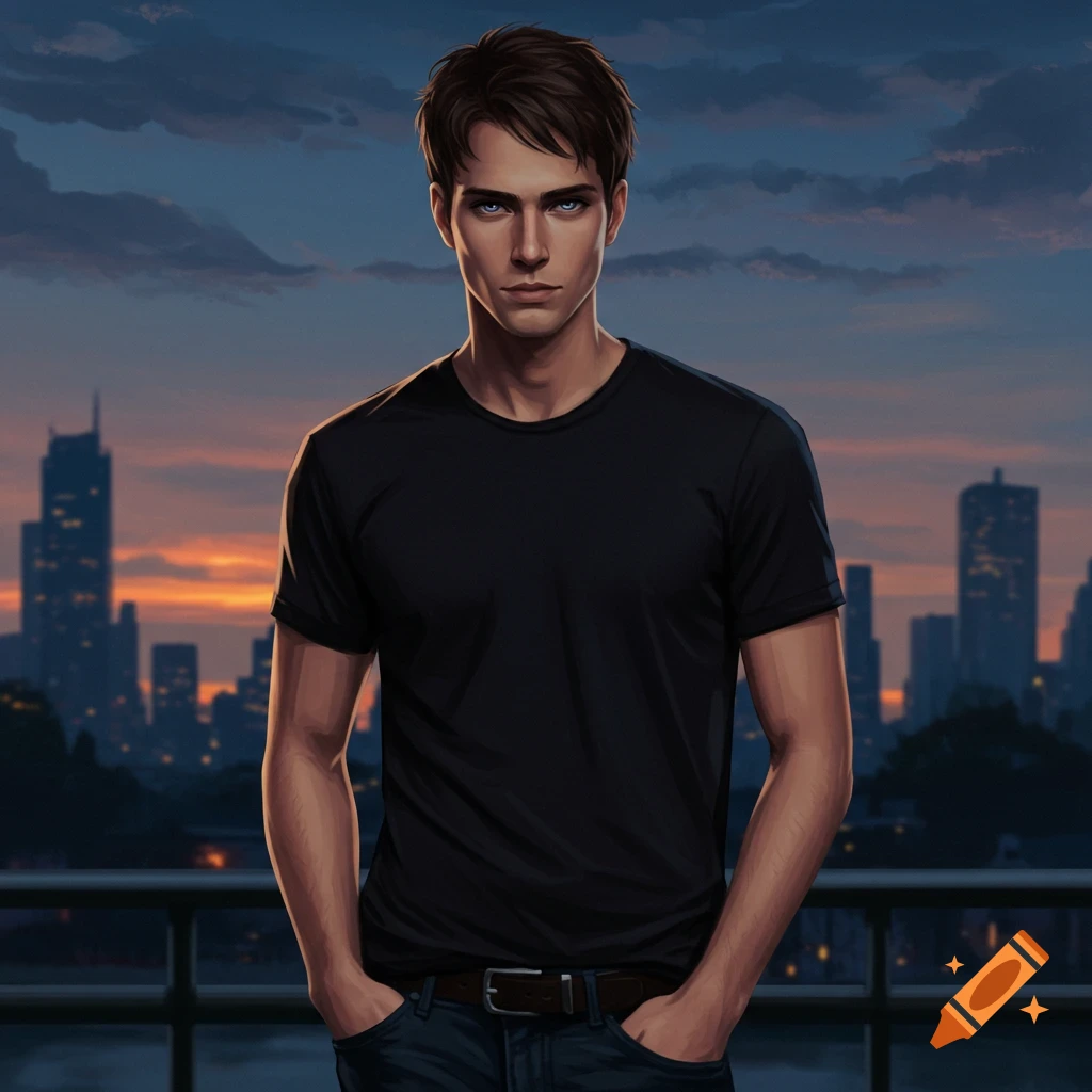 A young man stands against a city skyline at dusk