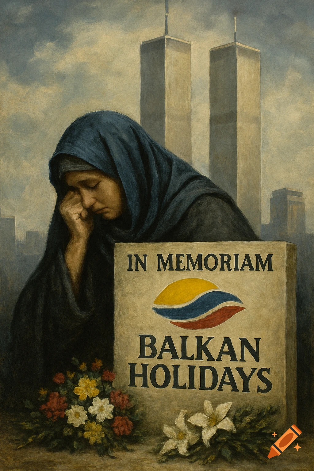 A grieving person stands beside a memorial stone adorned with flowers, with the iconic Twin Towers visible in the background.