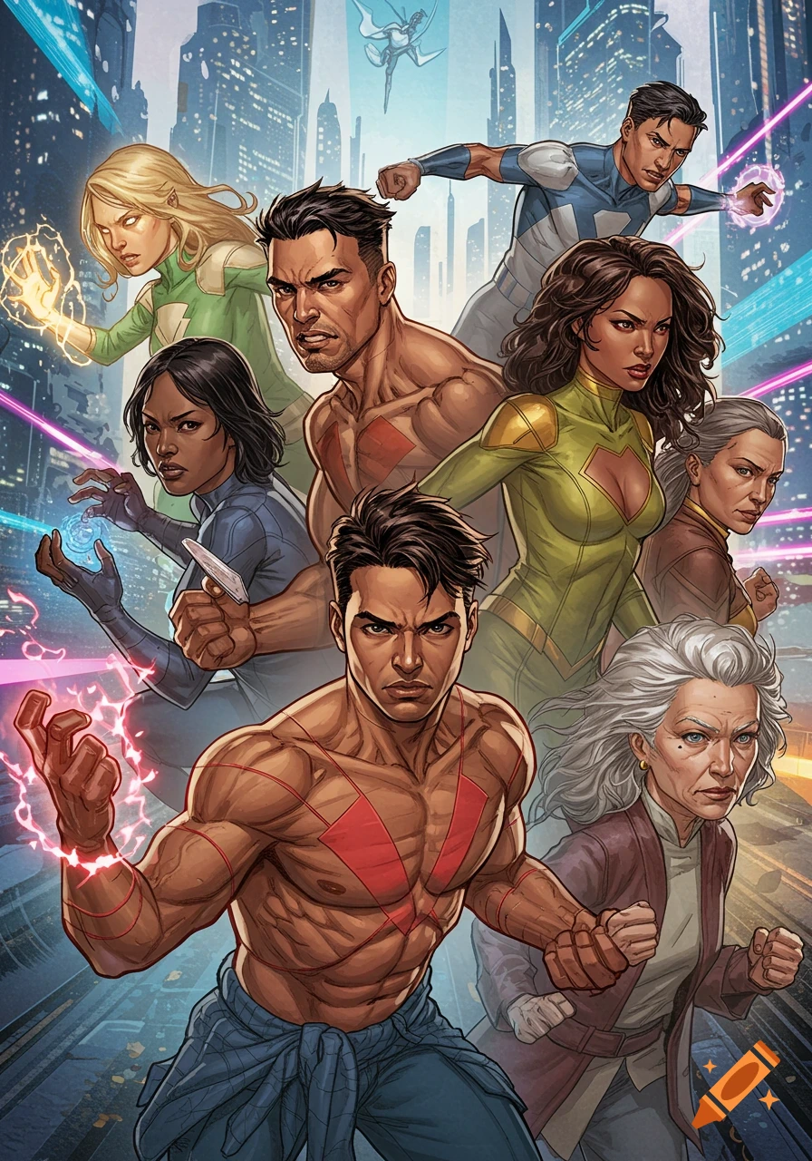 Group of diverse superheroes posing in front of a futuristic city.