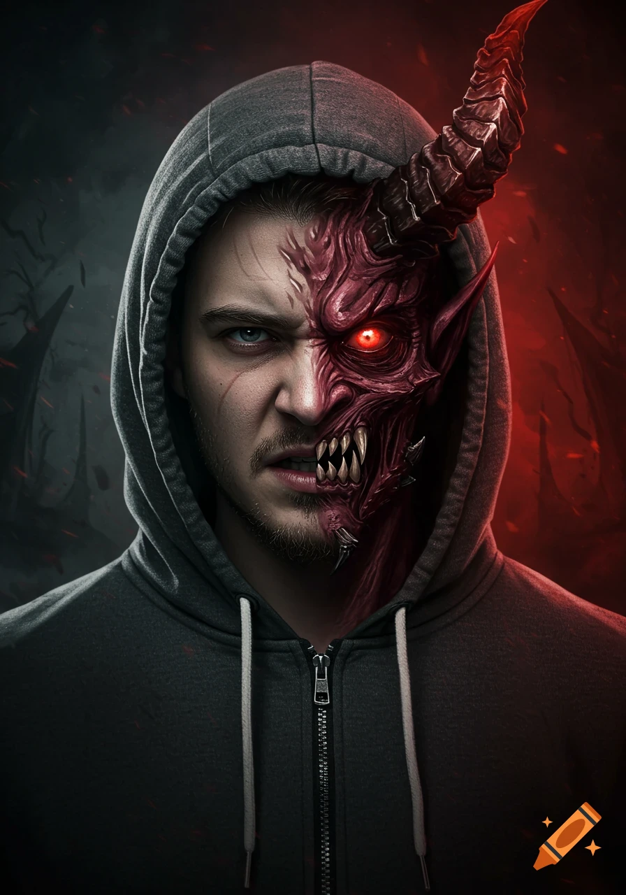 Portrait of a man in a hoodie with half his face transformed into a red demon.