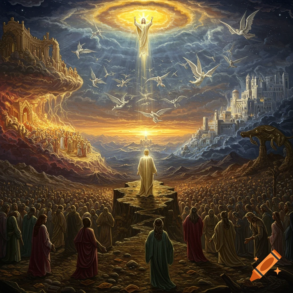 Epic illustration of a scene from the Book of Revelation with divine figures, angels, and a multitude.