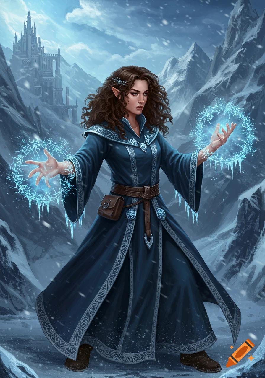 A female mage casts frost magic in a snowy mountain landscape with a castle in the background.