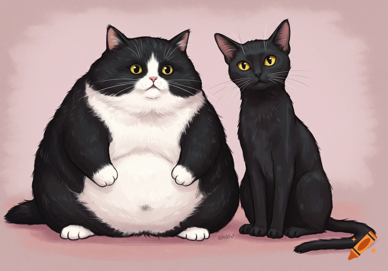 A fat tuxedo cat and a slender black cat sitting side-by-side against a pink background.