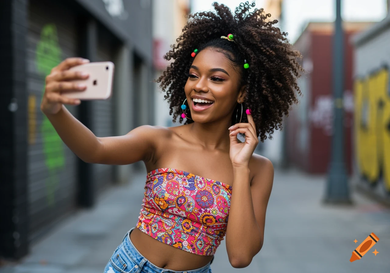 A young woman with curly hair takes a selfie on a city street, wearing a colorful crop top and denim shorts.