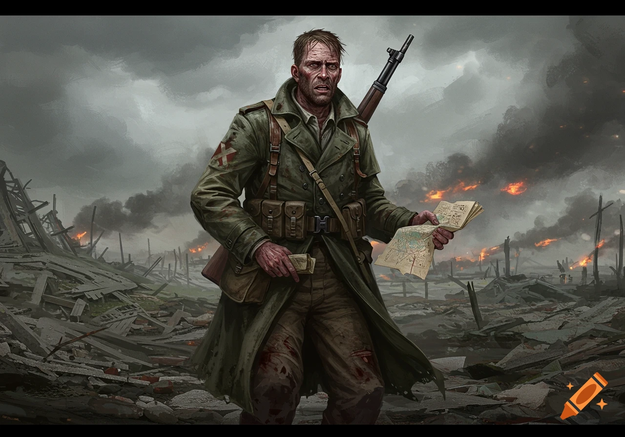 A soldier holding a map in a destroyed city.
