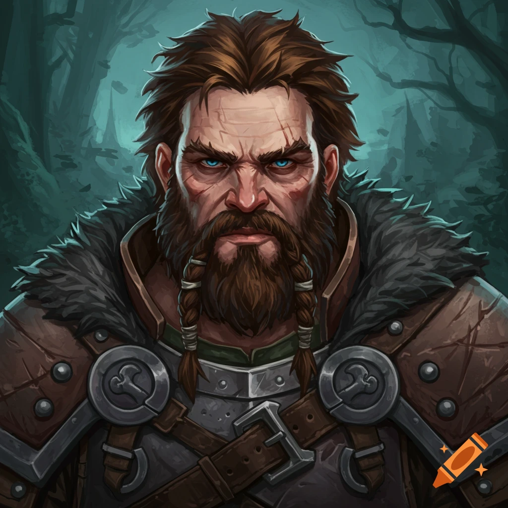 A rugged fantasy man with beard, braids, and armor.