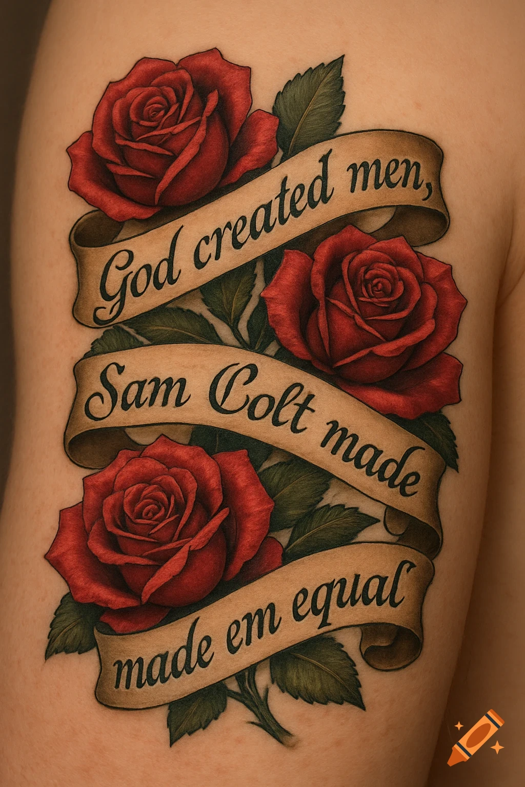 Tattoo of red roses and banners with text on skin.