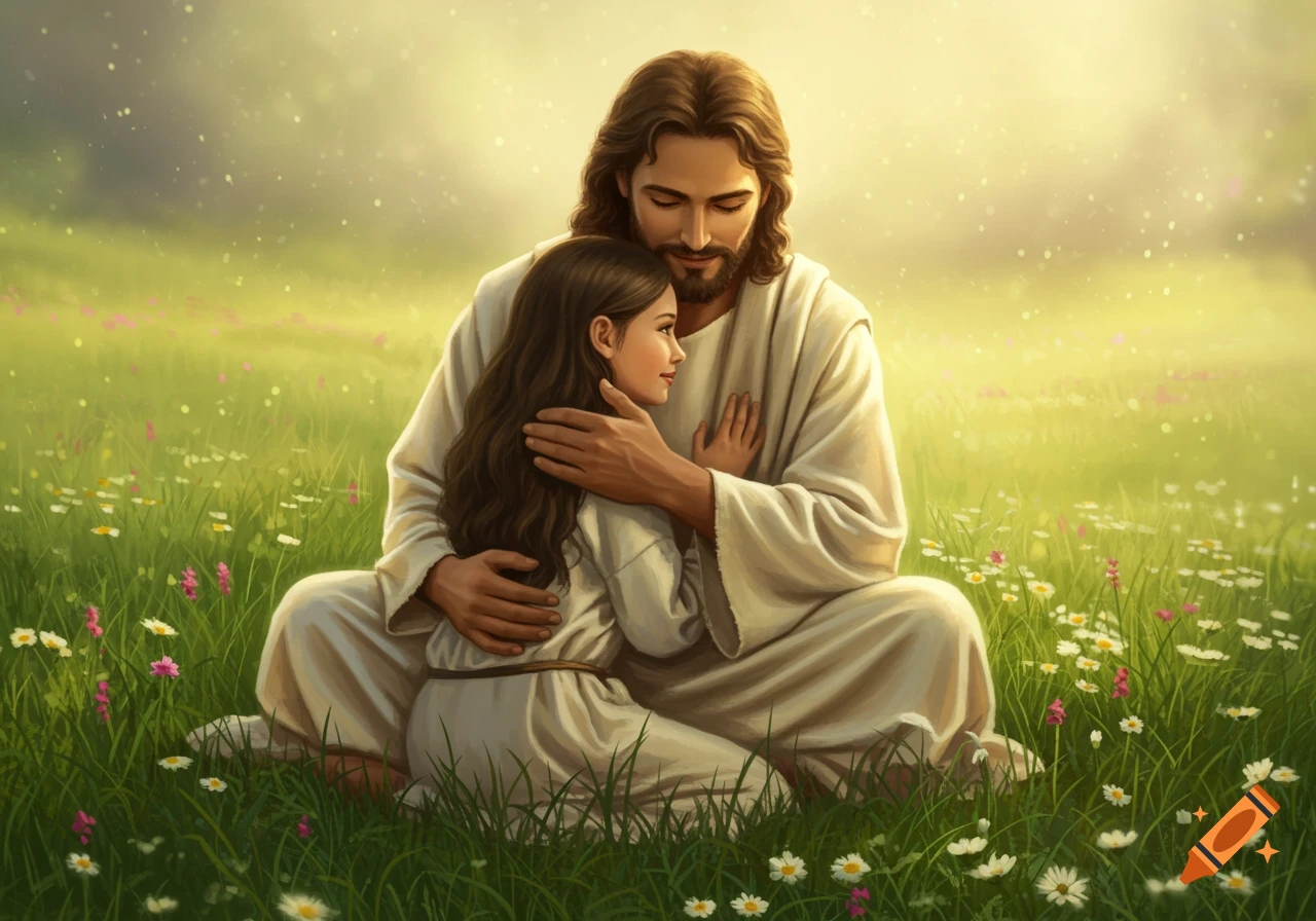 Jesus embracing a young girl in a sunny meadow with wildflowers.