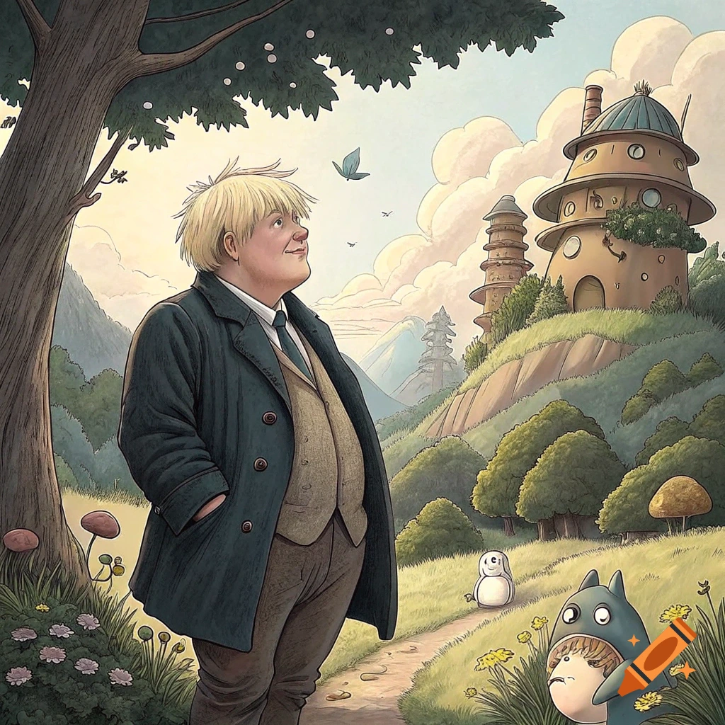 Illustration of a man resembling Boris Johnson in Studio Ghibli style, standing on a path with Totoro characters and fantastical buildings.