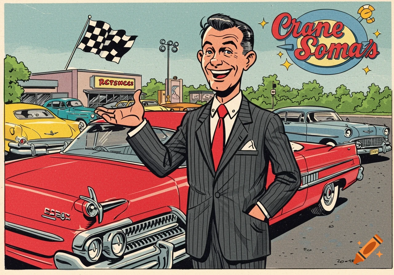 Vintage cartoon illustration of a smiling car salesman standing with classic cars at a dealership.