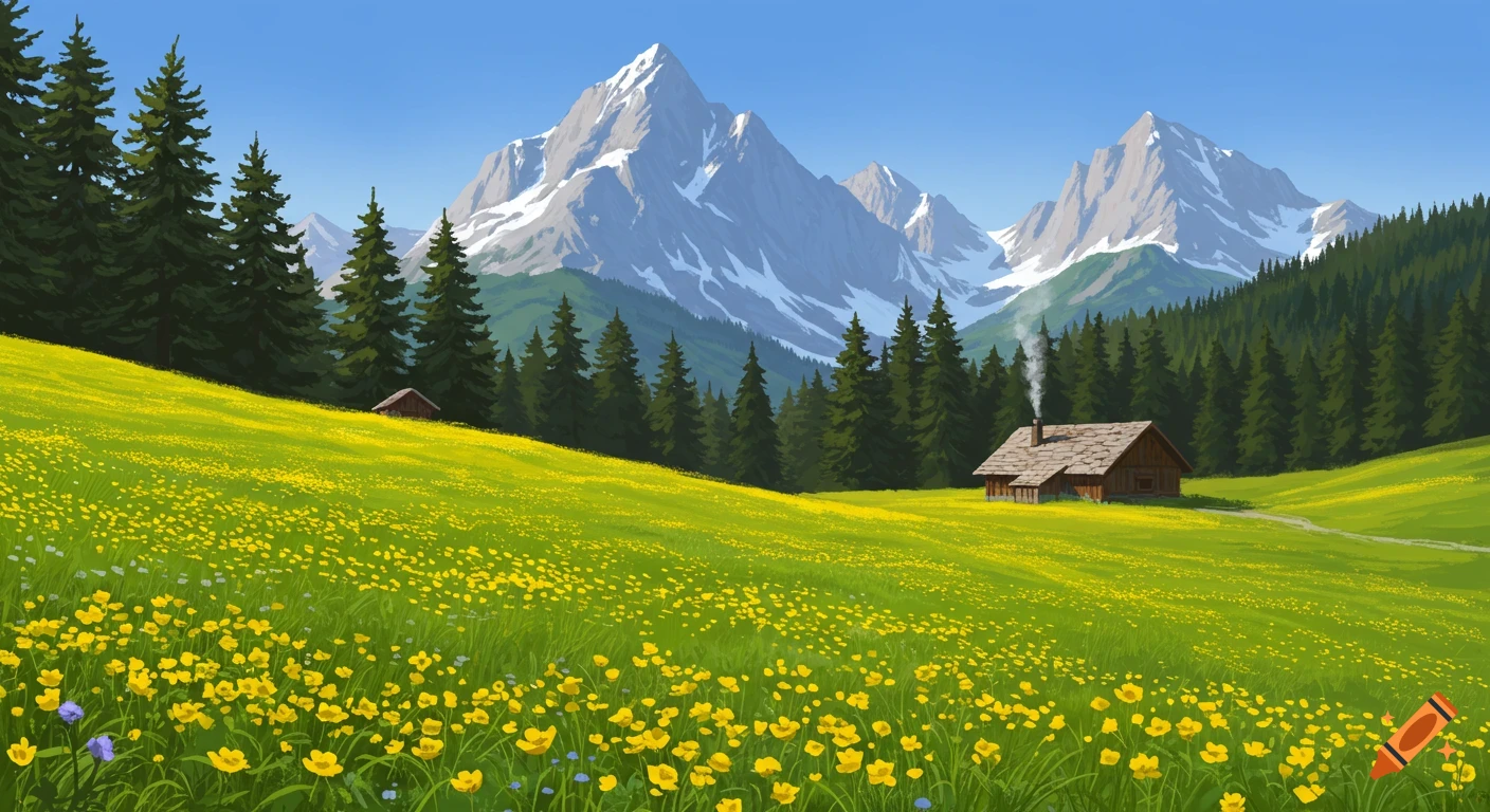 An alpine landscape featuring a yellow flower-filled meadow, trees, a cabin, and snowy mountains under a blue sky.