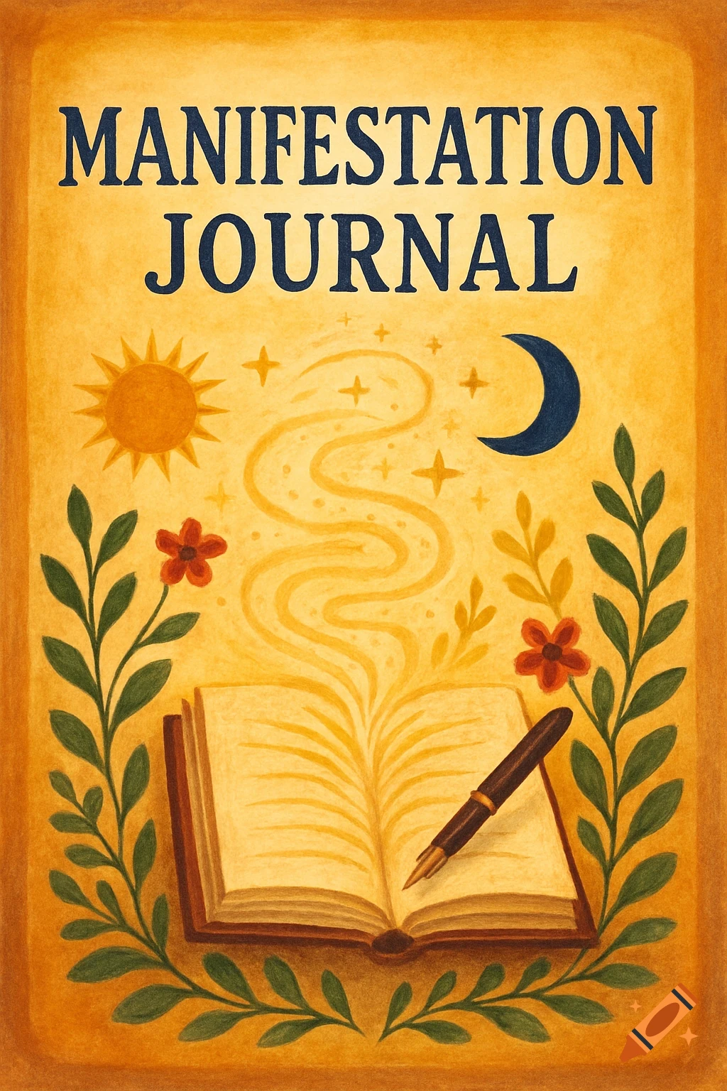 A book cover titled 'Manifestation Journal' featuring spiritual symbols such as a sun, moon, and plants.