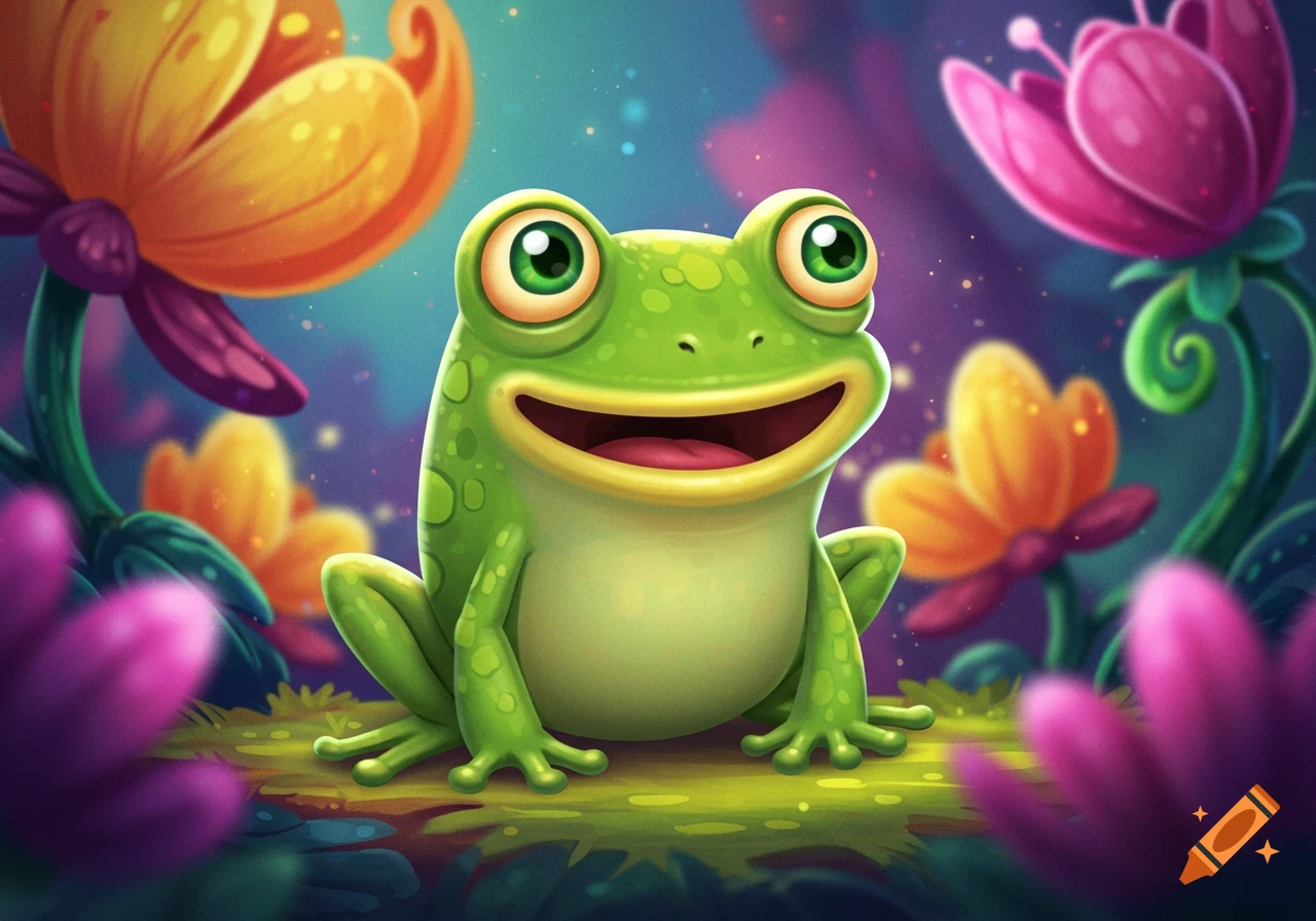 A smiling cartoon frog sits among brightly colored fantasy flowers.