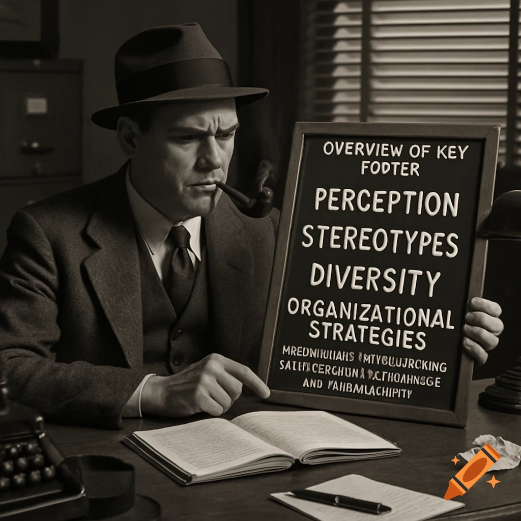 A man in a 1920s suit and hat holds a sign while looking at a book, sepia toned.