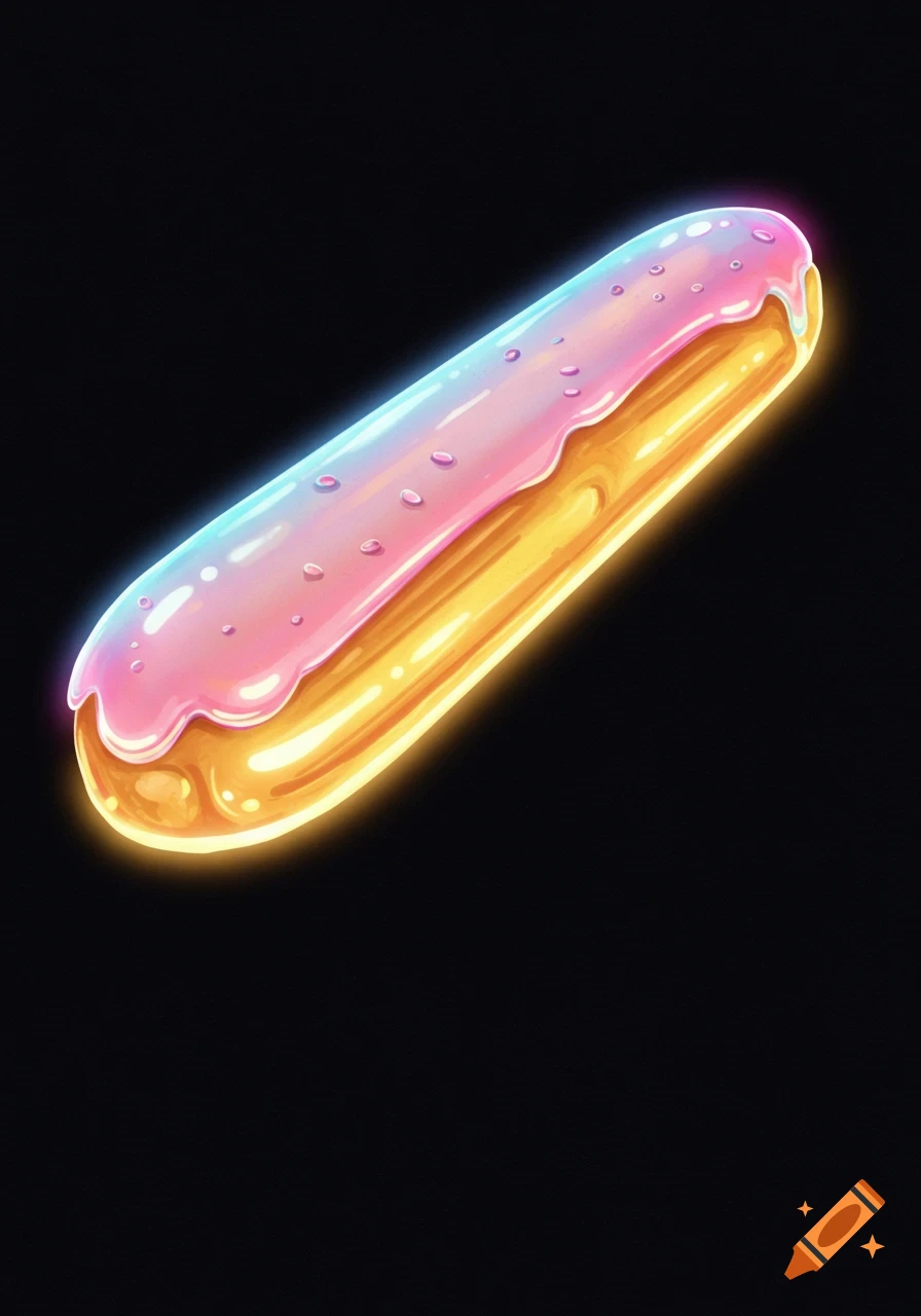A glowing eclair with pink icing against a black background.