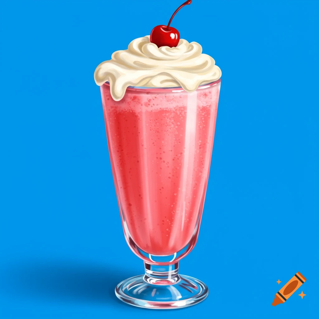 A pink milkshake with whipped cream and a cherry on a blue background.