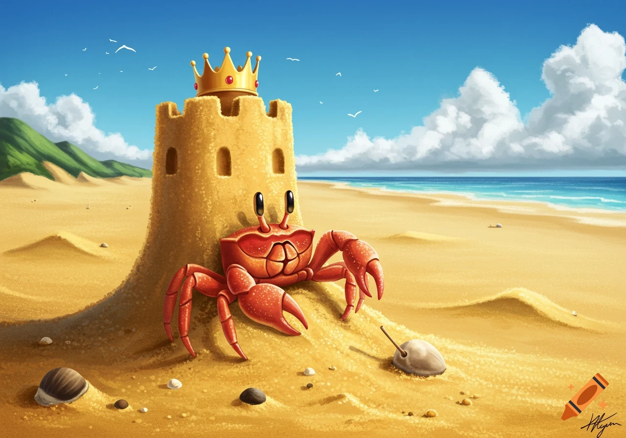 A cartoon red crab wearing a crown sits beside a sandcastle on a sunny beach.