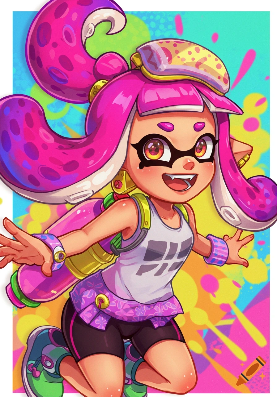 Frye from Splatoon smiling and running against a bright, colorful background.