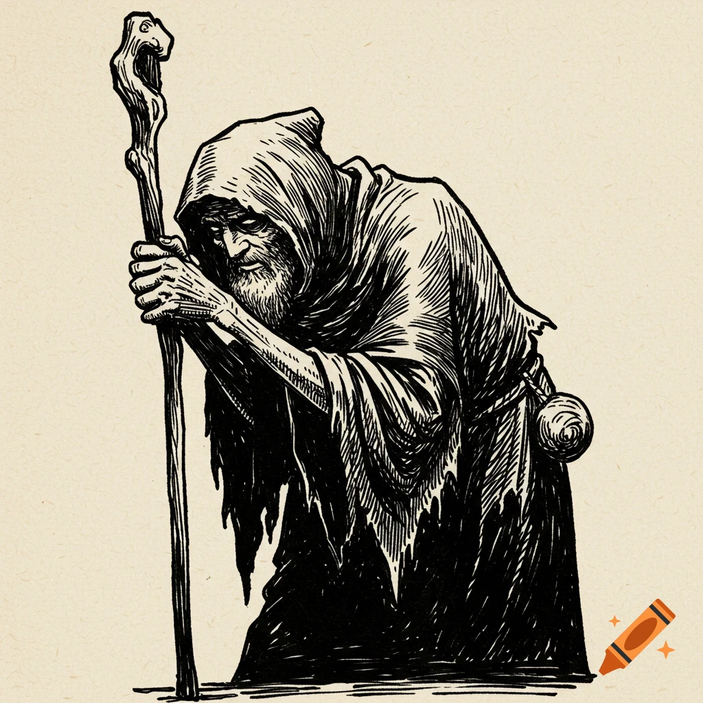 Black and white ink sketch of a hunched, hooded figure leaning on a staff.