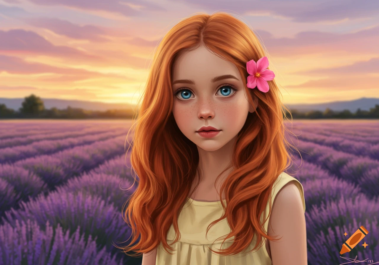 A young girl with red hair stands in a lavender field at sunset.