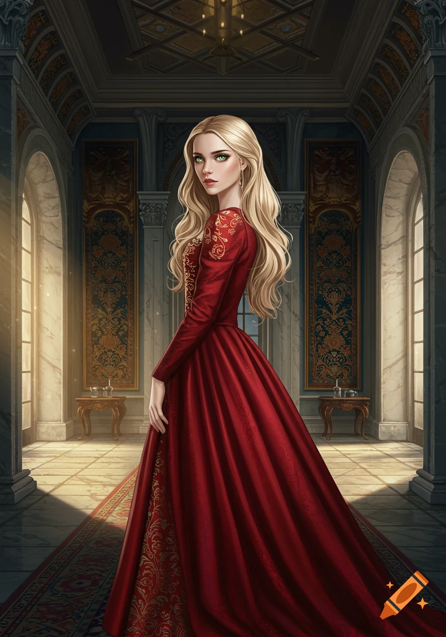 Woman in a red dress standing in a palace hall.