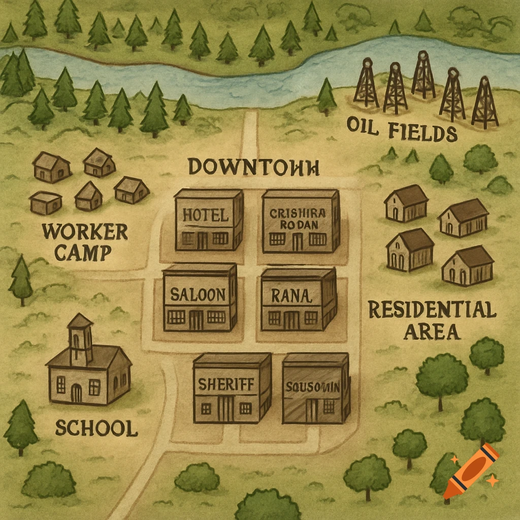 A hand-drawn style aerial map of a boomtown layout with labels for areas like downtown, oil fields, worker camp, residential area, and buildings like a hotel, saloon, sheriff's office, and school.