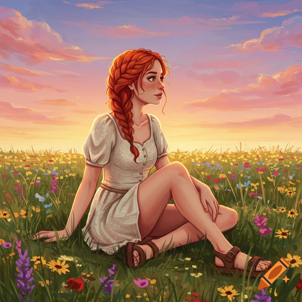 A woman with red braided hair sits in a field of wildflowers during a sunset