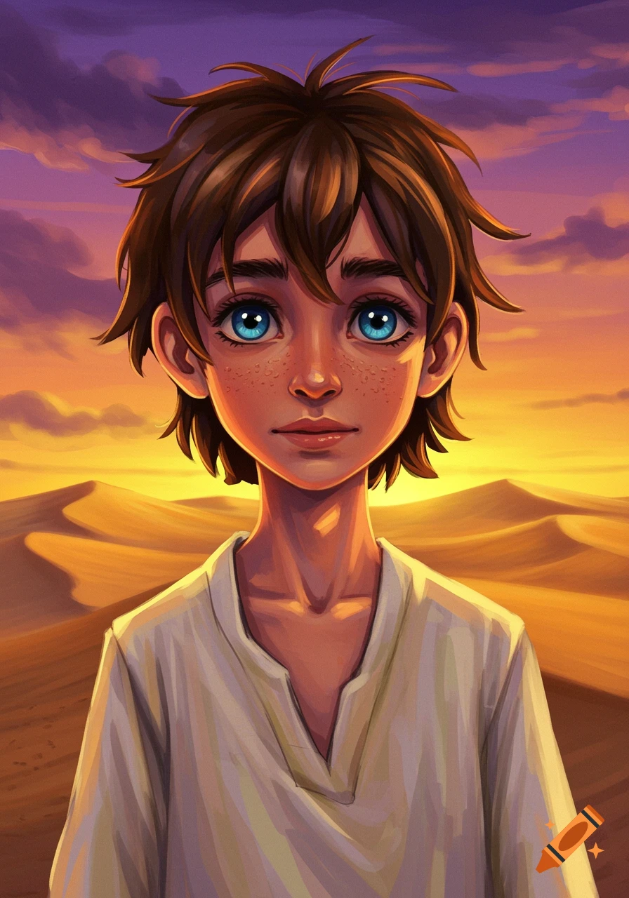 A young boy with blue eyes in a desert at sunset