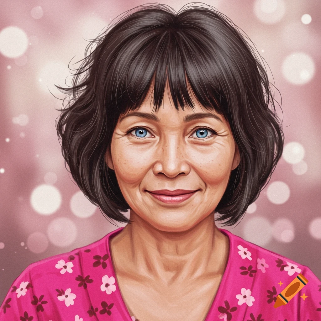 Portrait of a middle-aged woman with short dark hair and blue eyes, wearing a pink floral top, against a bokeh background.