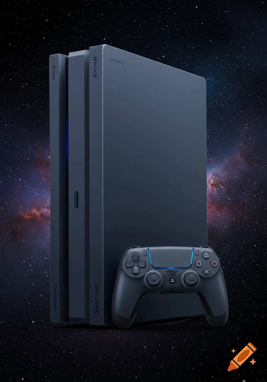 A dark blue video game console and controller rest against a starry space background.