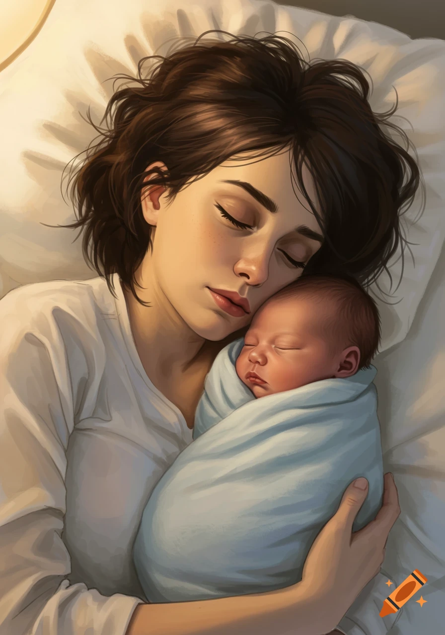 A mother sleeps while cradling a baby in a blue blanket.